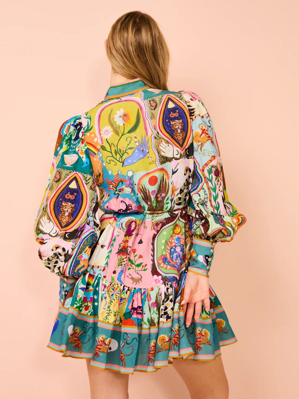 Lace up Printed Lantern Long Sleeve Mini Dress