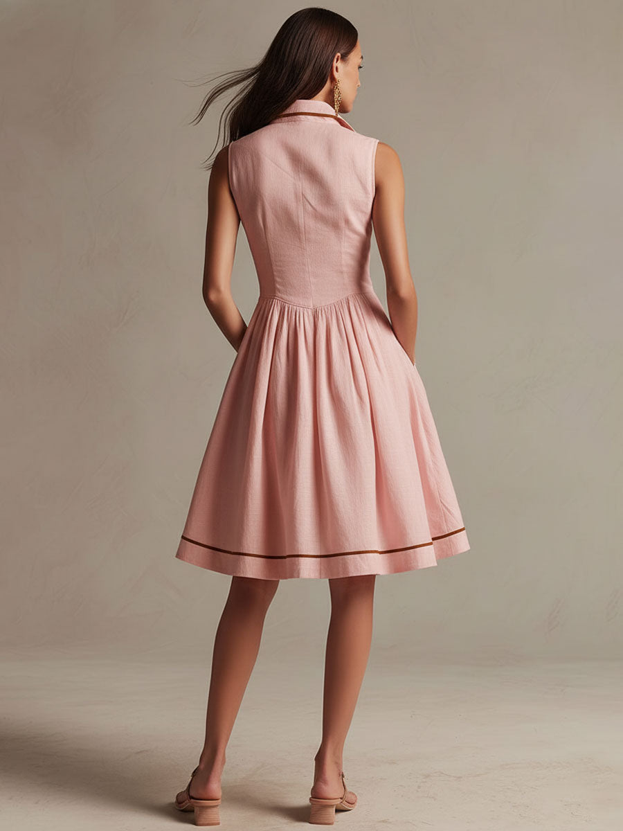 Vacation Retro Brown Trim Pink Cotton Sleeveless Mini Dress