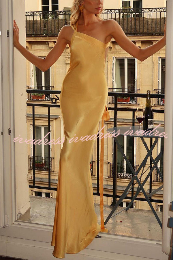 Moonlit Soiree Satin Asymmetrical One Shoulder Backless Strap Maxi Dress