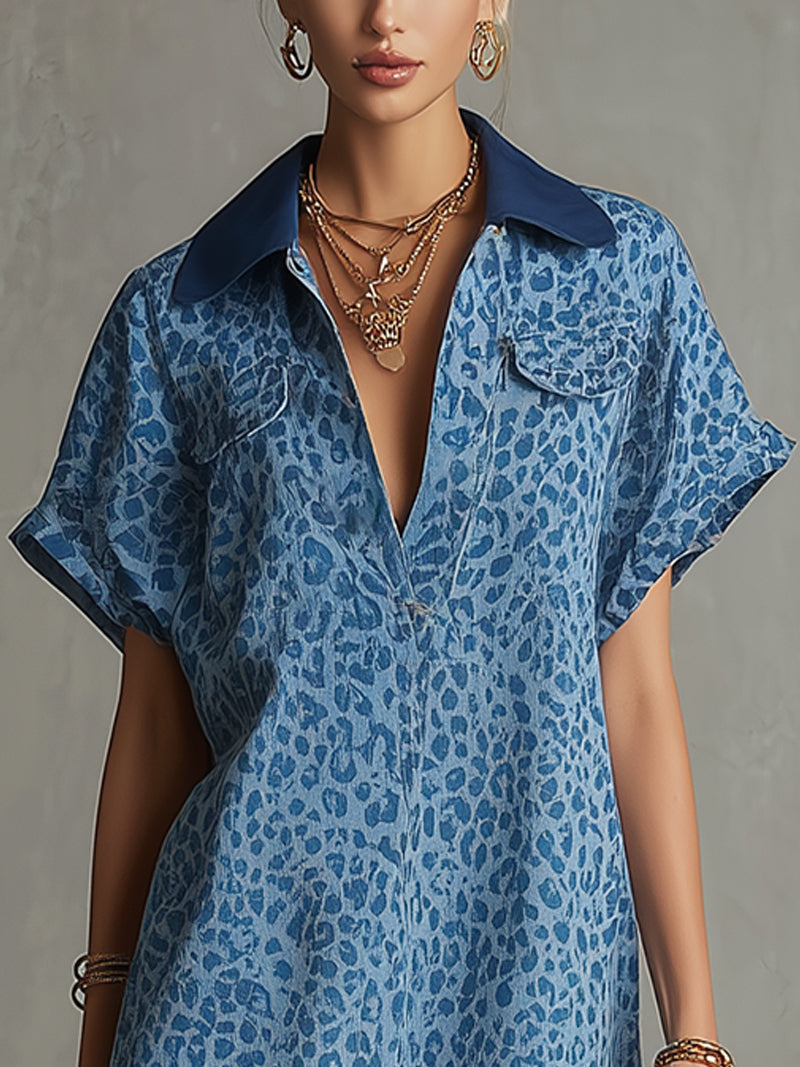 Blue Leopard Print Linen Mini Shirt Dress With Contrast Collar