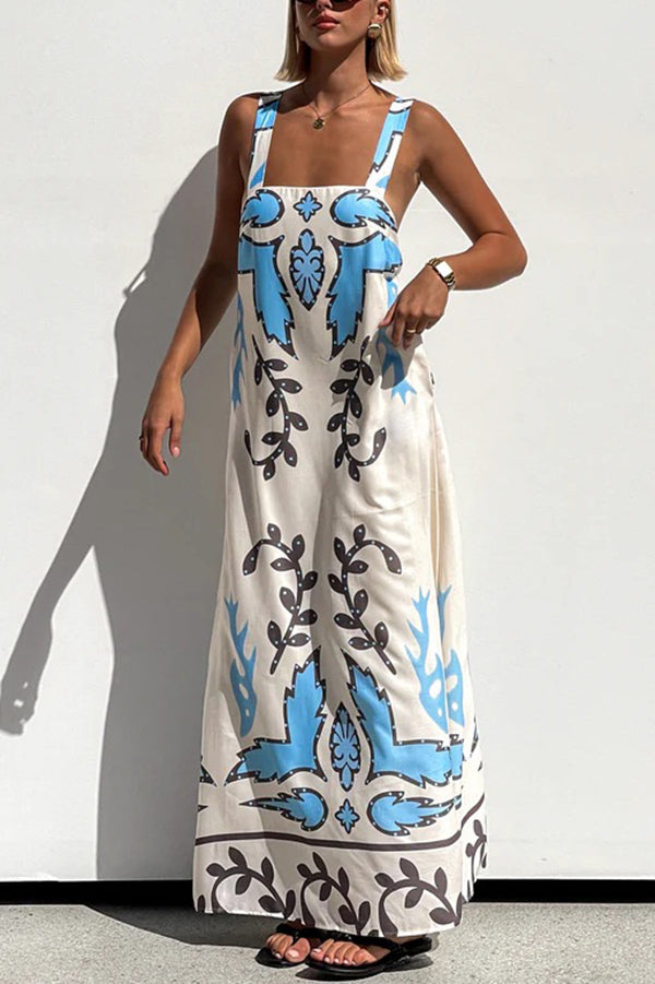 Unique Print Square Neck Open Back Lace-Up Loose Maxi Dress