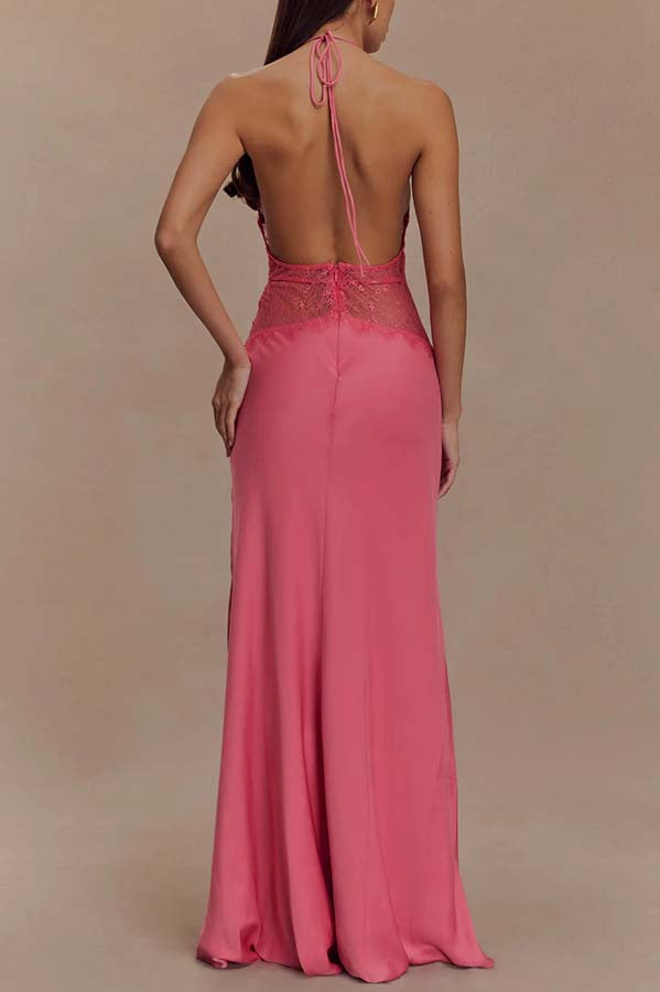 Seductive Details Satin Lace Waist Halter Tie-up Backless Maxi Dress