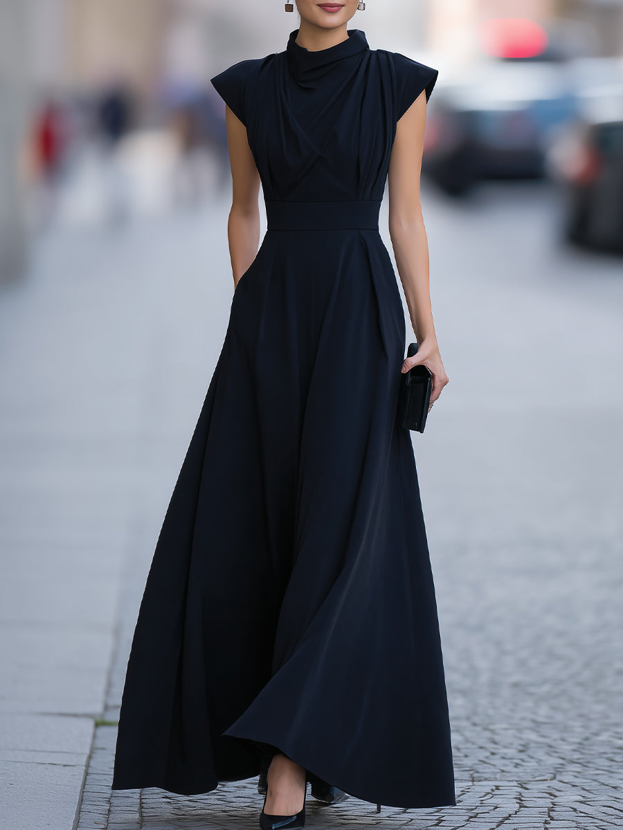 Draped Cap-Sleeve Maxi Dress With Defined Waist