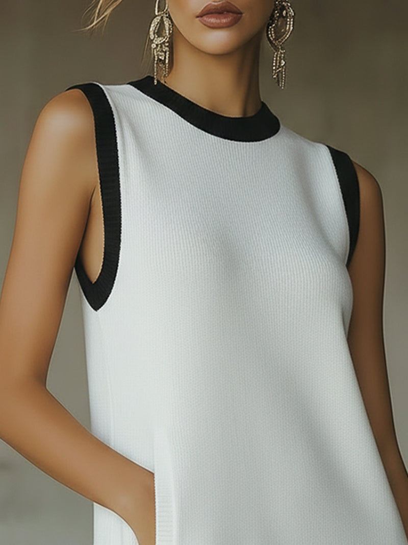 White And Black Contrast Trim Sleeveless Knit Mini Dress