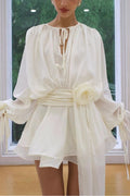 Solid Color Long Sleeve V-Neck Lace-Up Elegant Flower Decorated Mini Dress
