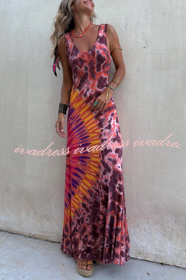 Boho Happiness Tie-dye Print Back Lace-up Stretch Maxi Dress