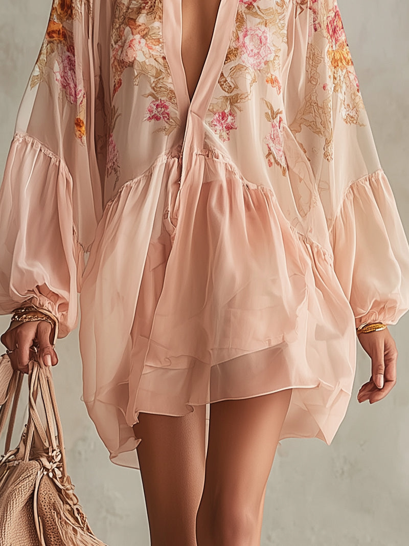 Pink Floral Chiffon Balloon-Sleeve Mini Dress