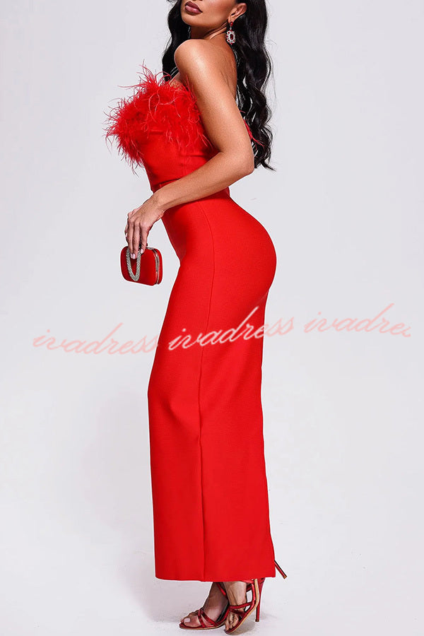 Sivir Feather Off Shoulder High Waisted Slit Maxi Dress
