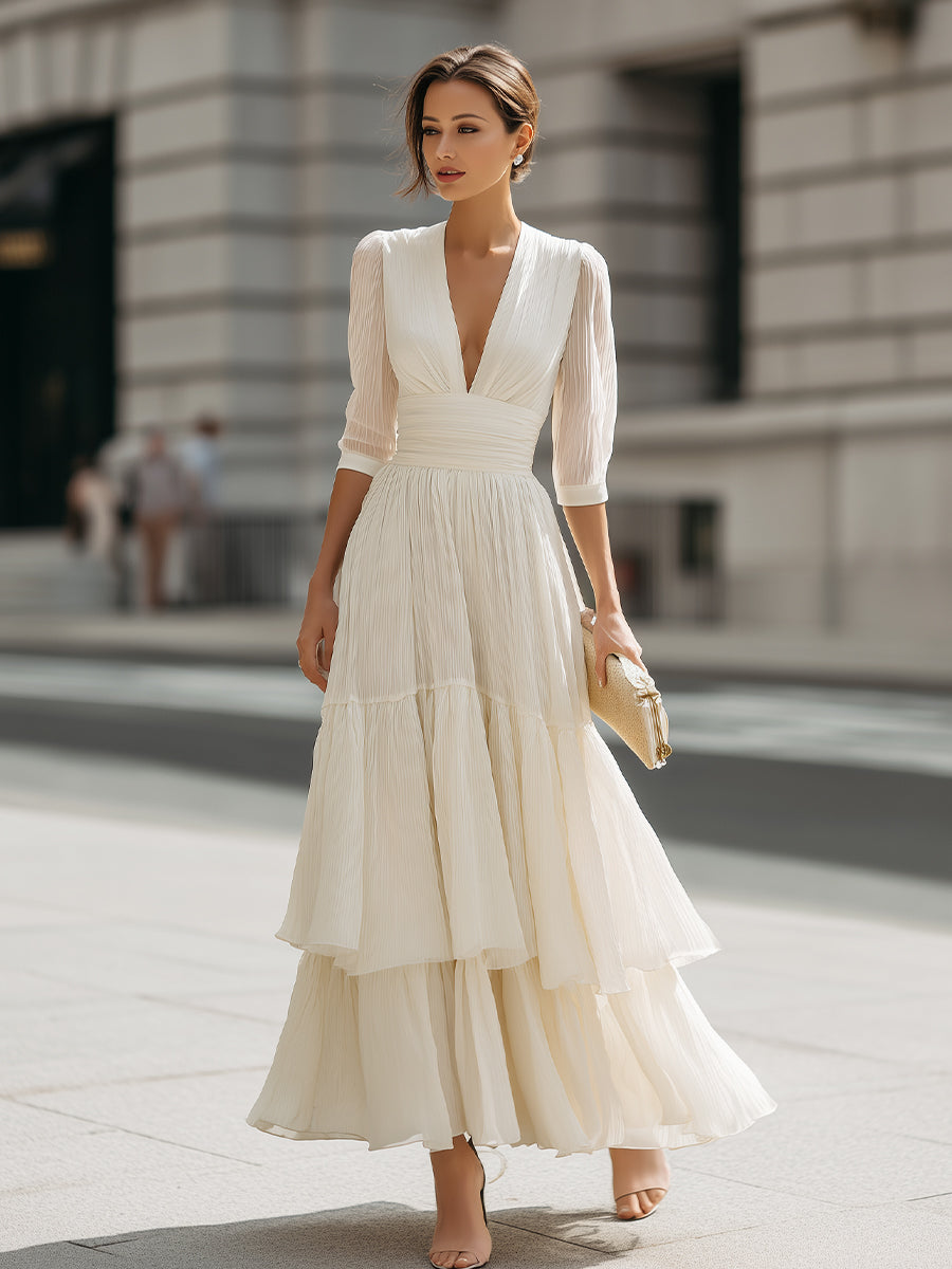 V-Neck Pleated Tiered Maxi Dress