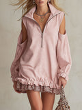 Western-style Vintage Leopard Print Trim Pink Faux Suede Mini Dress