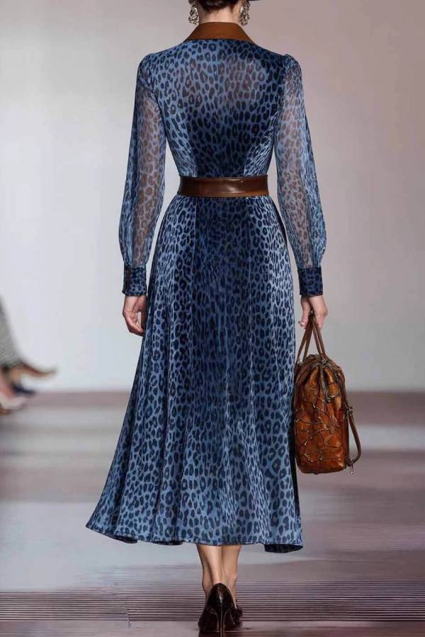 Vintage Blue Leopard Print Shirt Collar See-Through Long Sleeve Dress(No belt included)