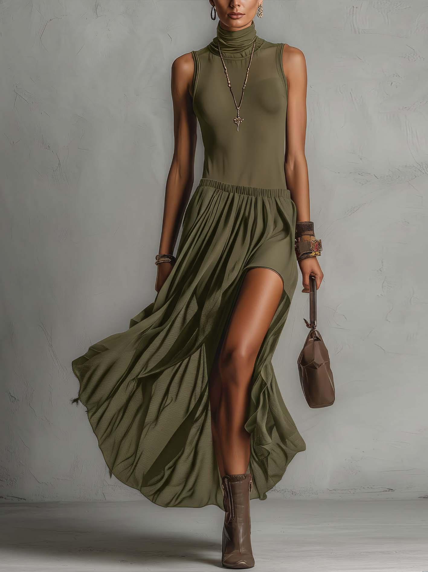 Olive Green Sleeveless High Neck Chiffon Patchwork Maxi Dress