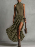 Olive Green Sleeveless High Neck Chiffon Patchwork Maxi Dress