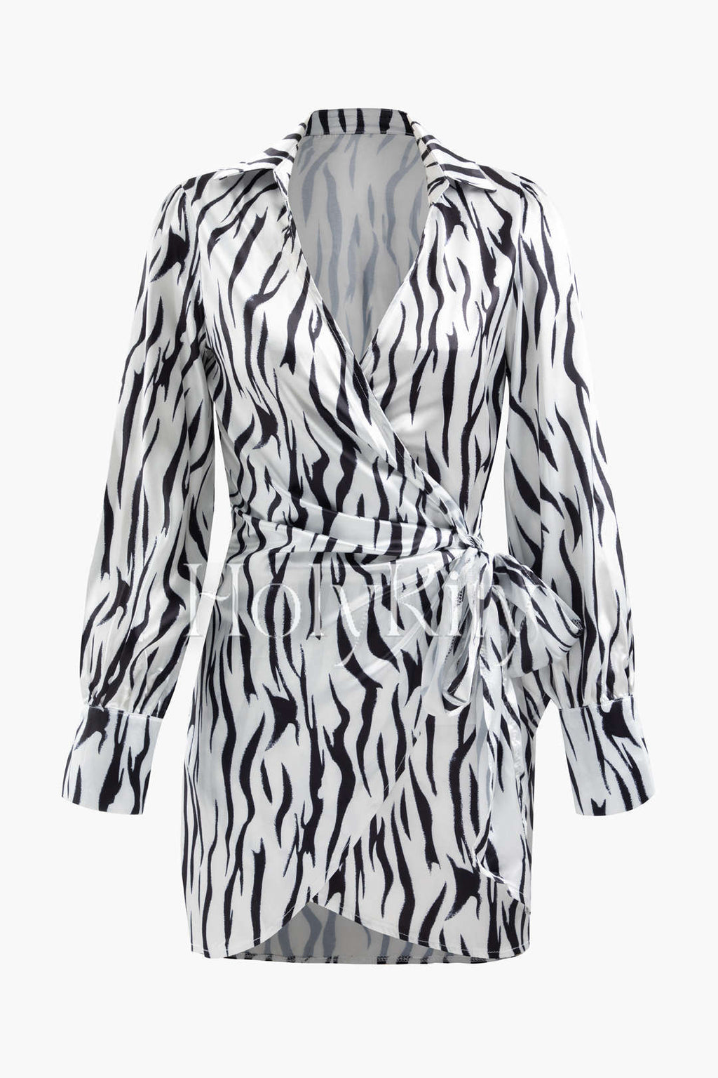 Zebra-stripe Print Long Sleeve Wrap Tie Mini Dress