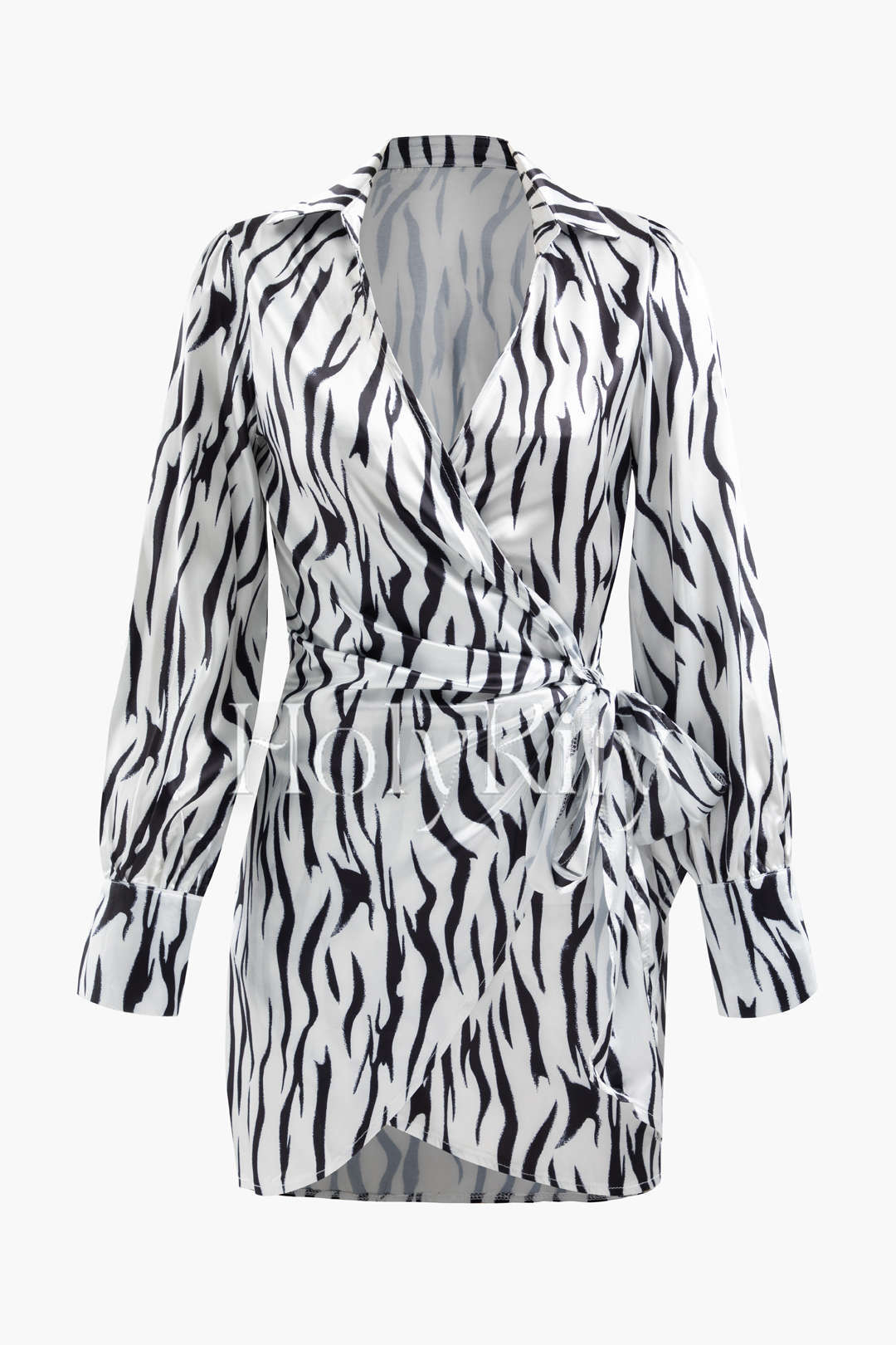 Zebra-stripe Print Long Sleeve Wrap Tie Mini Dress