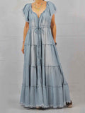 Washed Denim Tiered Drawstring V Neck Raw Edge Maxi Dress