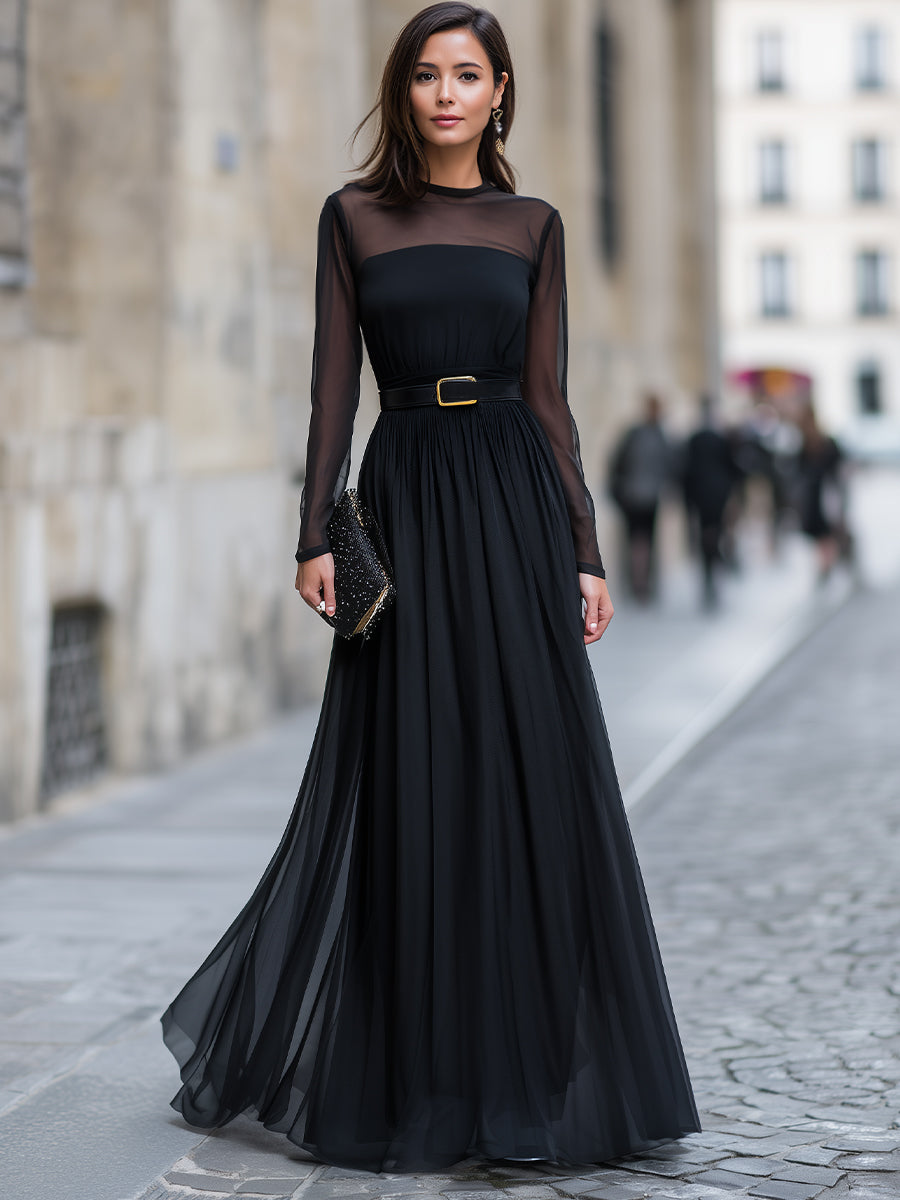 Sheer Long Sleeve Pleated Maxi Dress