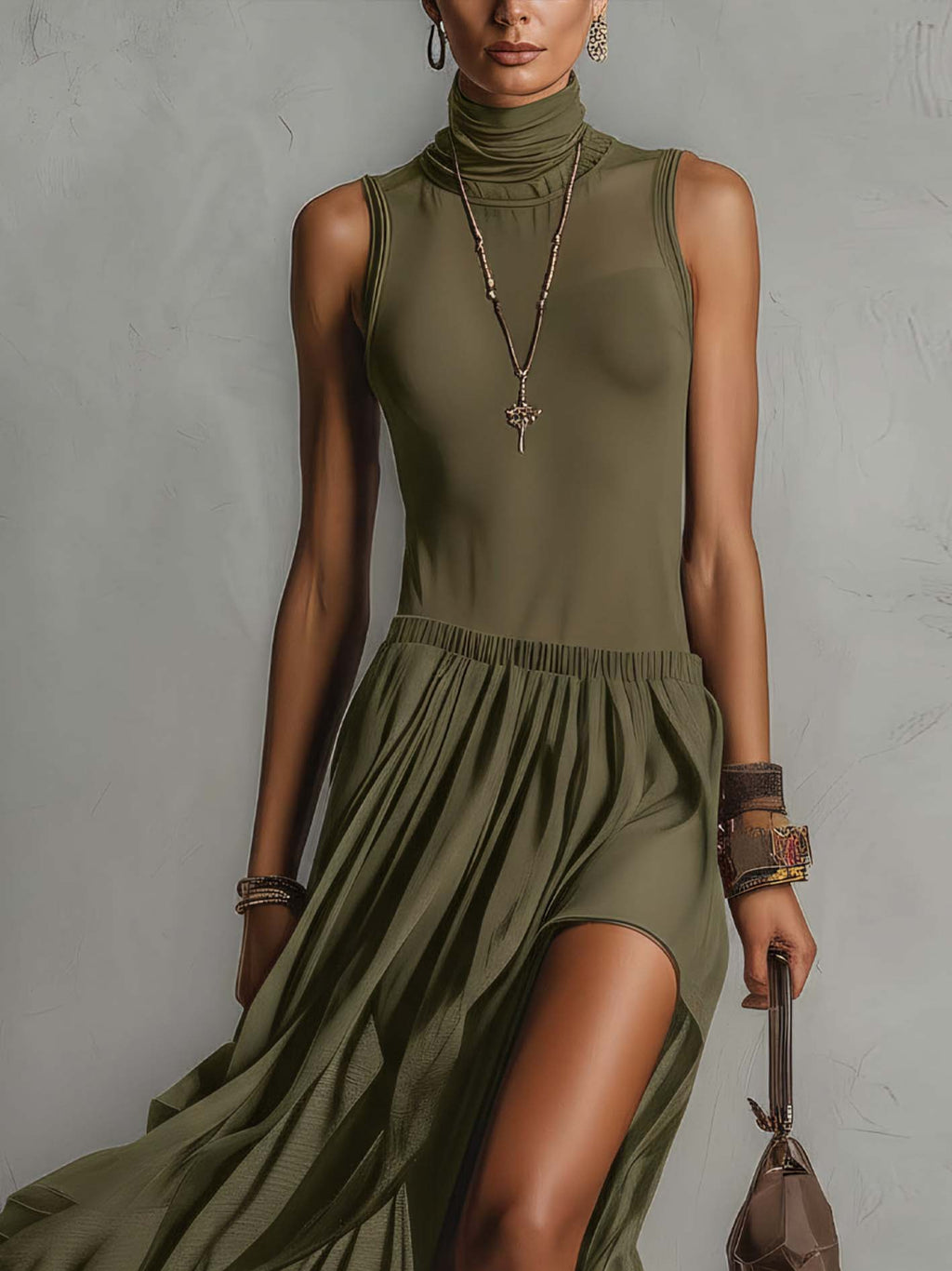 Olive Green Sleeveless High Neck Chiffon Patchwork Maxi Dress