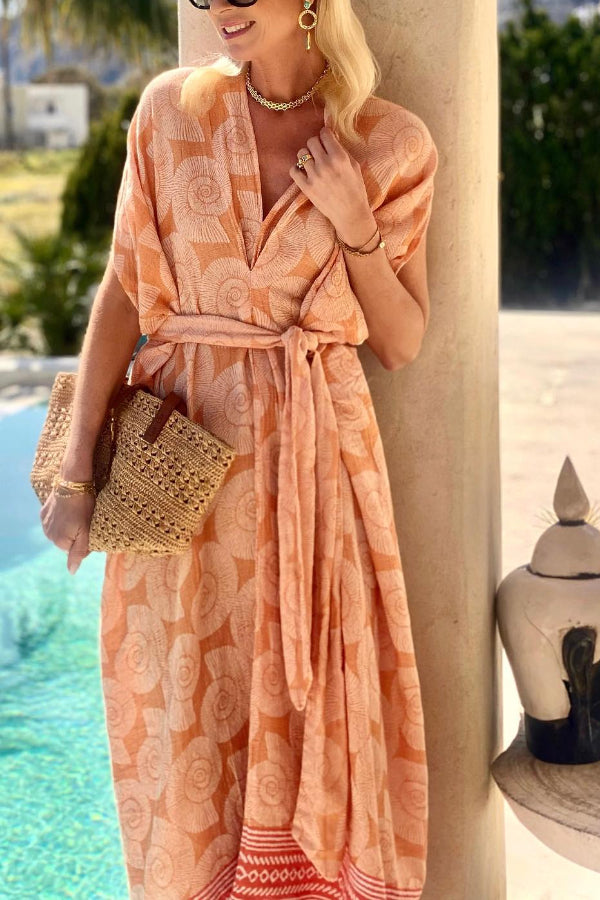 KAFTAN DRESS WITH BELT KOCHYLI CORAL
