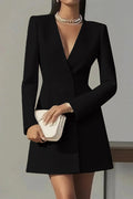 Fashionable V-neck Long-sleeved Double-breasted Waist Mini Dress