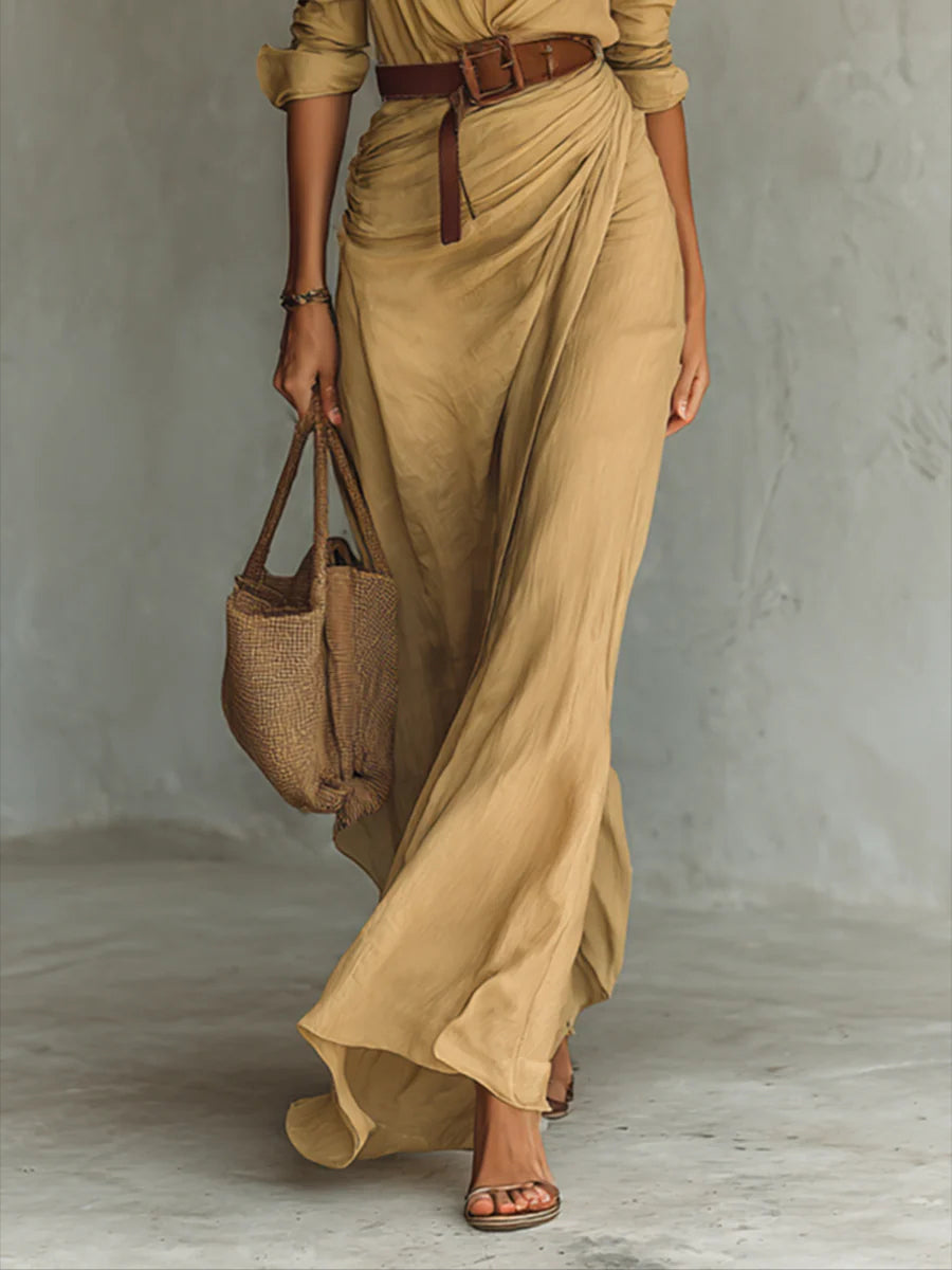Deep V Neck Shirt Collar Long Sleeve Belted Draped Maxi Dress