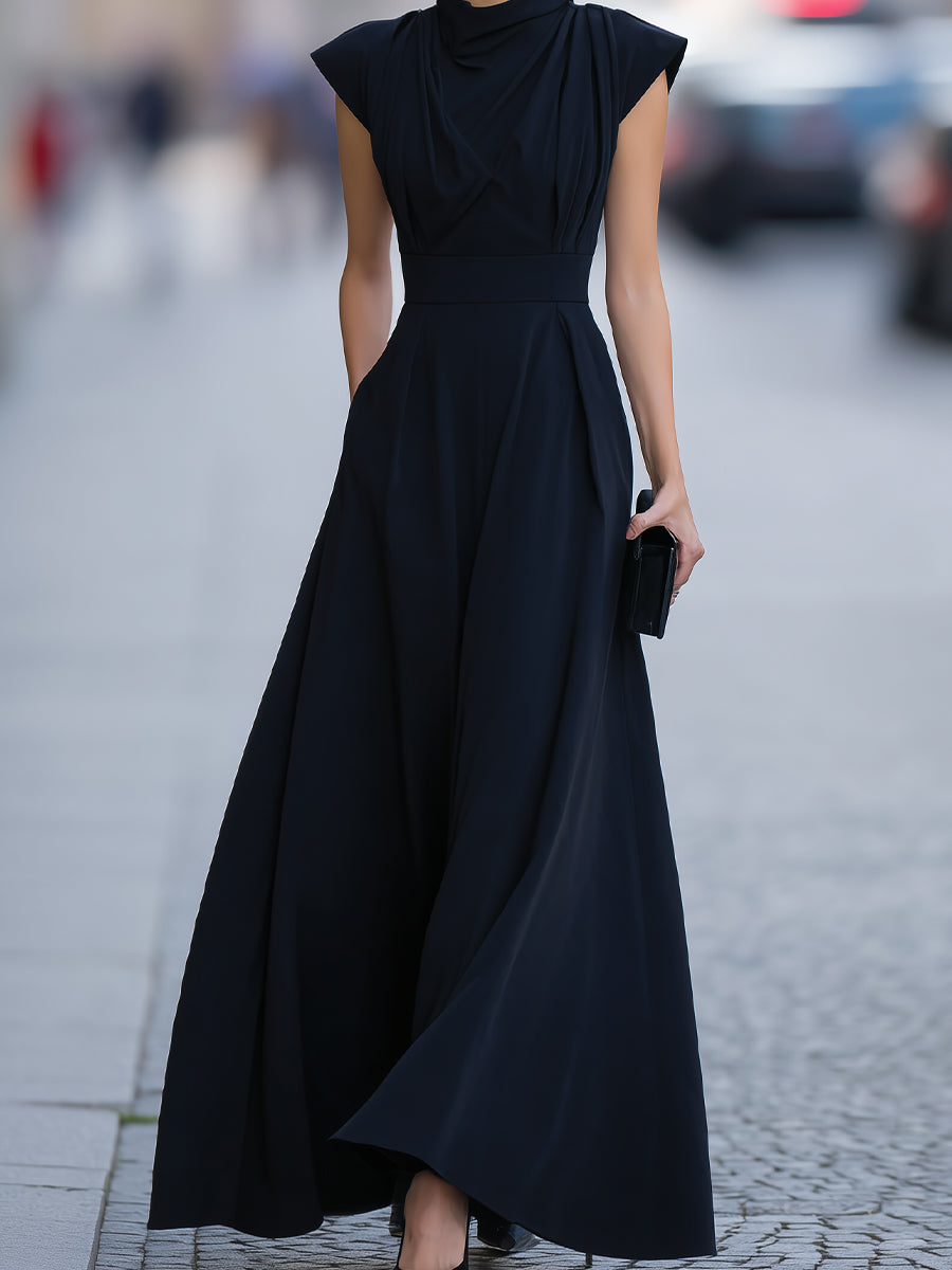 Draped Cap-Sleeve Maxi Dress With Defined Waist