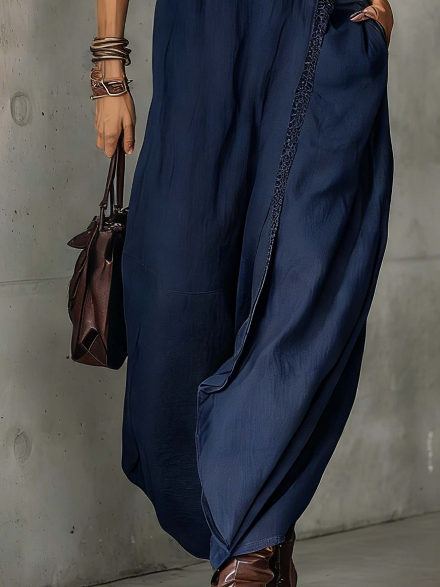 Navy Blue Lace Trim Cotton Linen Sleeveless Maxi Dress