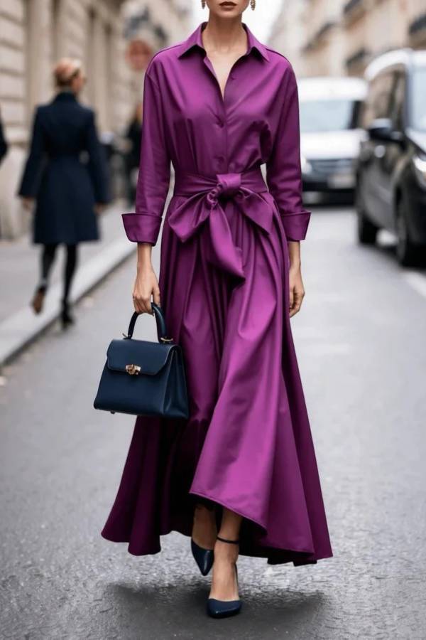 Shirt-collar. fitted-waist long dress