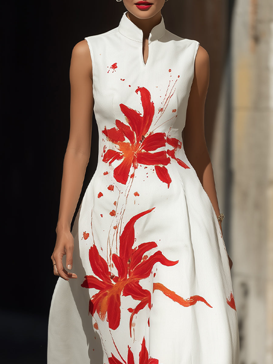 Modern Mandarin Collar Floral Maxi Dress – Artistic Red Lily Print