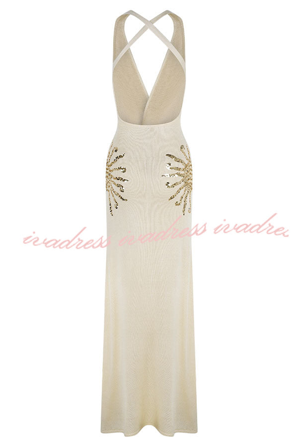 Sparkling Nights Knit Sunburst Sequin Detail Back Cross Straps Stretch Maxi Dress