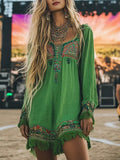 Vacation Green Tribal Round Neck Long Sleeve Boho Linen Mini Dresses