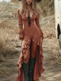 Festival Orange V Neck Flare Long Sleeve Ruffle Vintage Asymmetric Hem Maxi Dresses