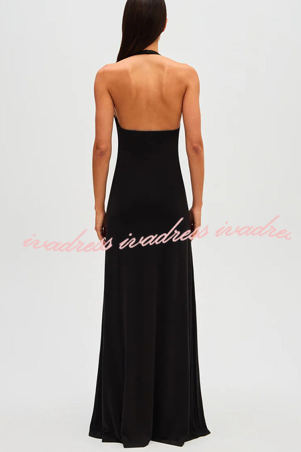 Sexy Silhouette Deep U-neck Halter Waterfall Sash Drape Maxi Dress