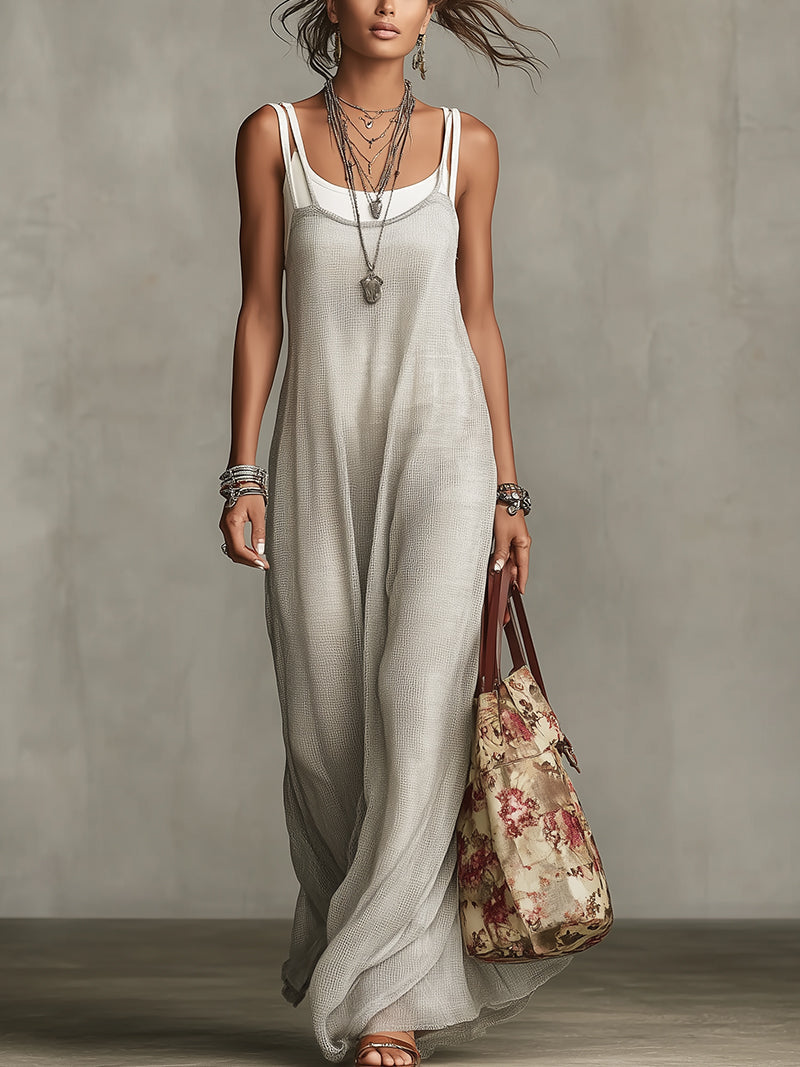 Light Gray Layered Lmit Maxi Dress With White Tank Dress