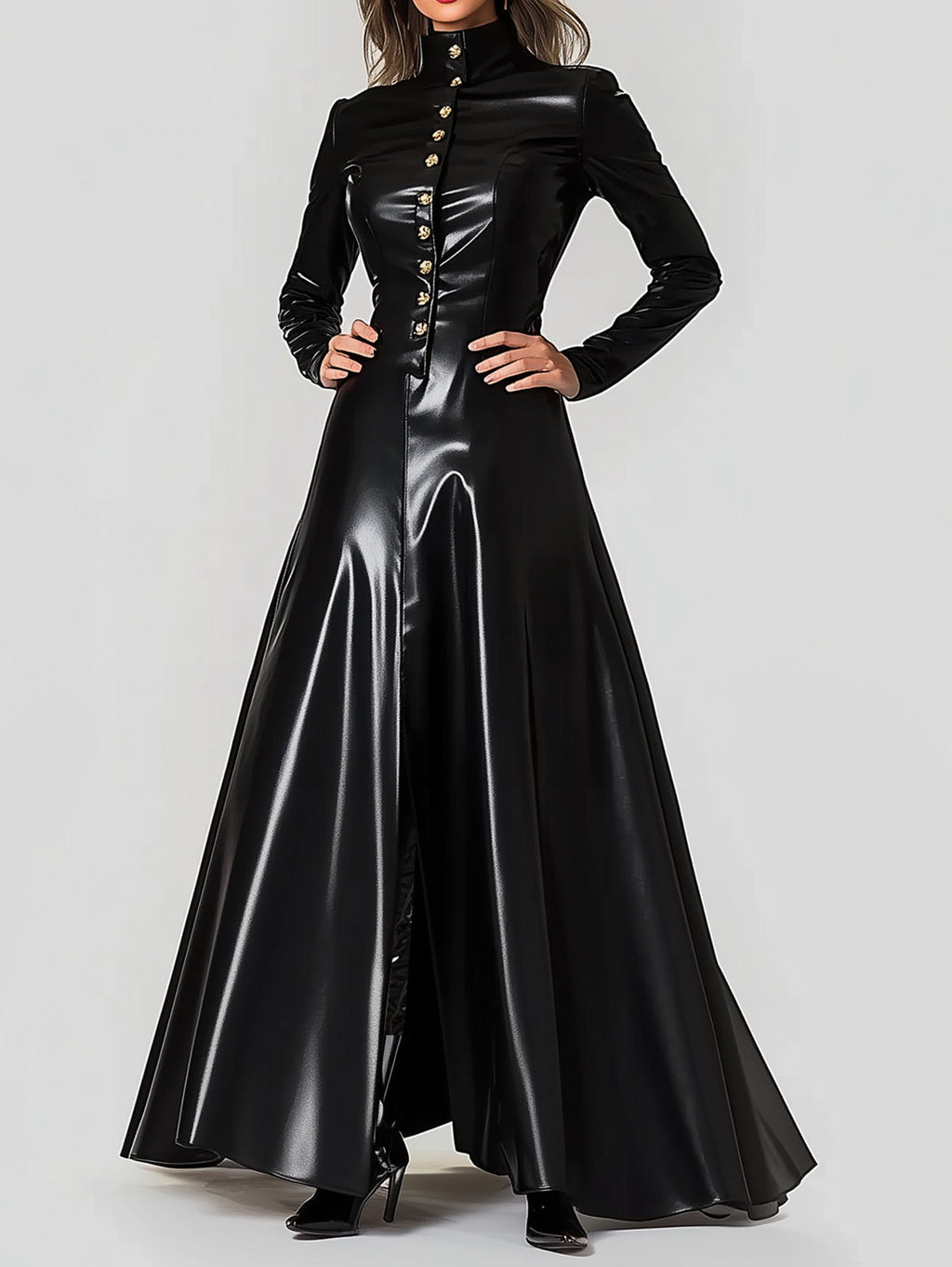 sheenchic PU Leather High Neck Button Up Maxi Dress