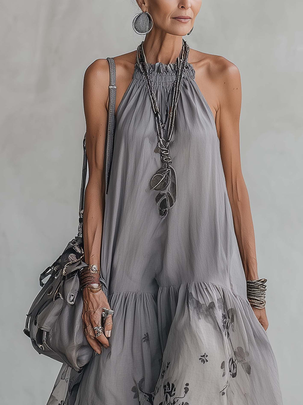Gray Cotton Linen Leopard Patchwork Chiffon Maxi Dress