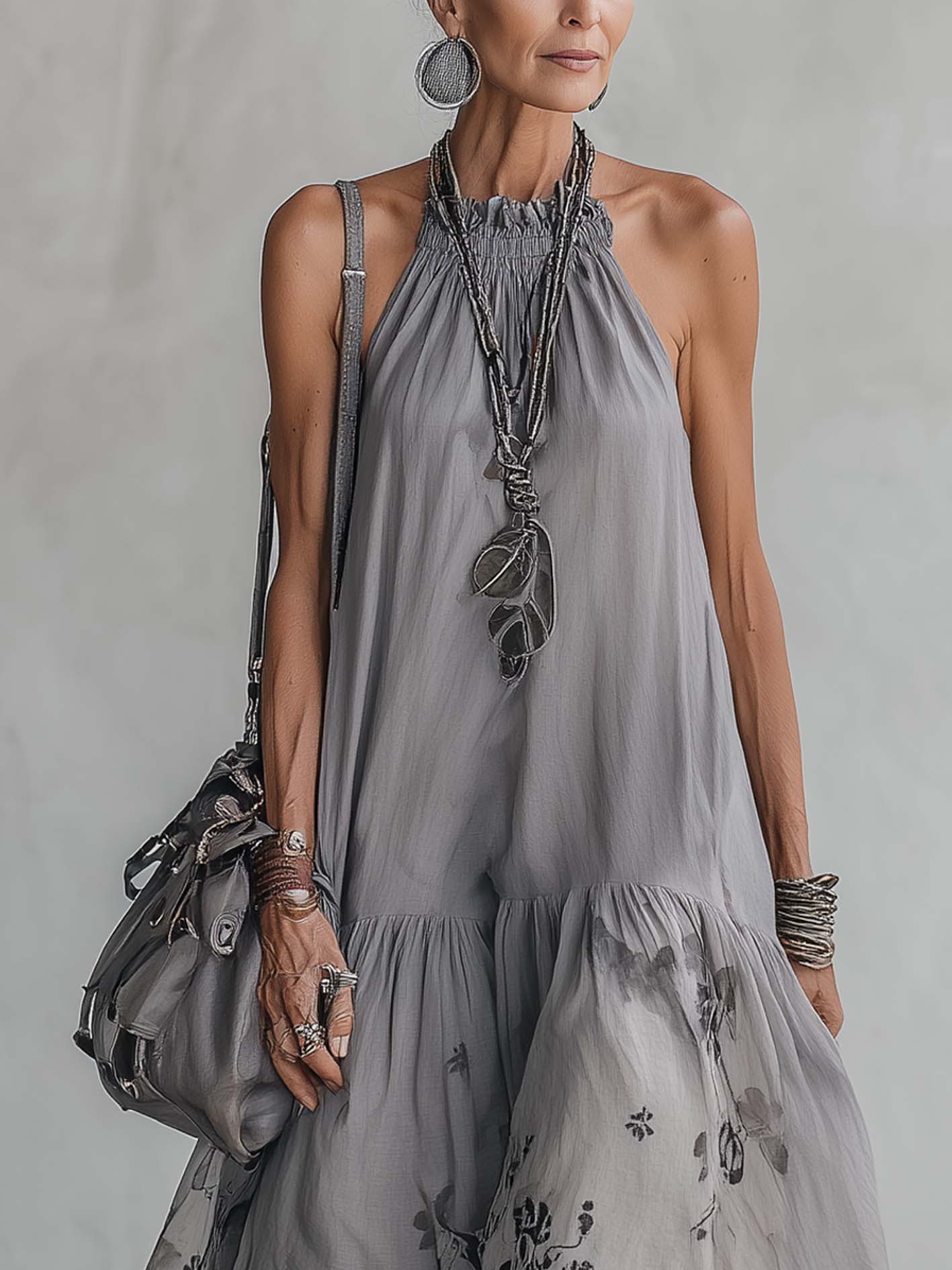 Gray Cotton Linen Leopard Patchwork Chiffon Maxi Dress