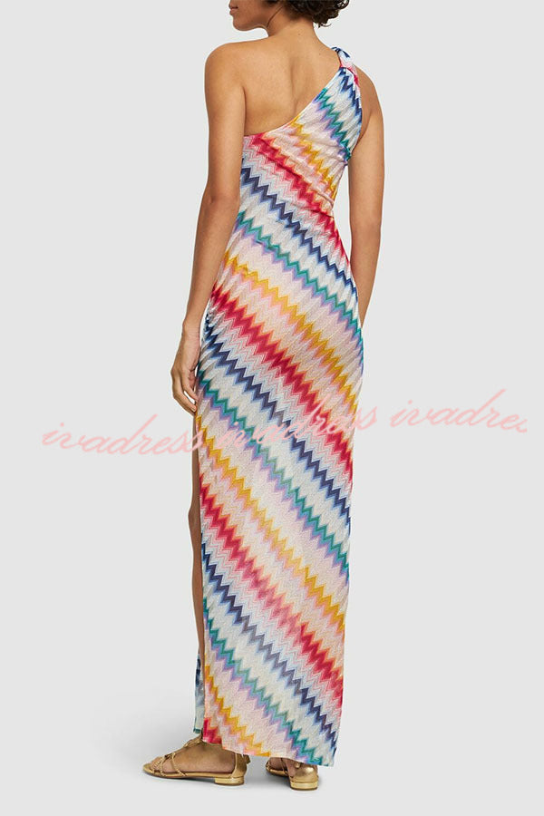 Vacay Charm Knit Colorful Zigzag Pattern One Shoulder Slit Maxi Dress
