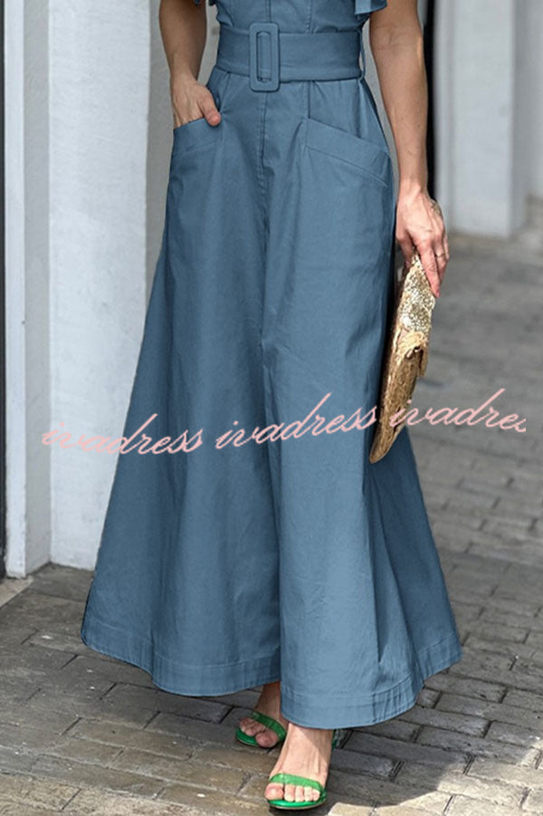 Solid Ruffle Sleeve V Neck High Waist Pocket Maxi Dress