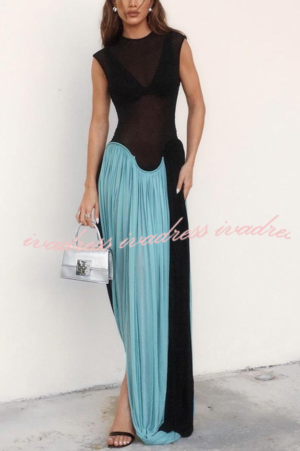 Lynelle Round Neck Sleeveless Contrast Hem Sexy Slim Fit Drape Maxi Dress