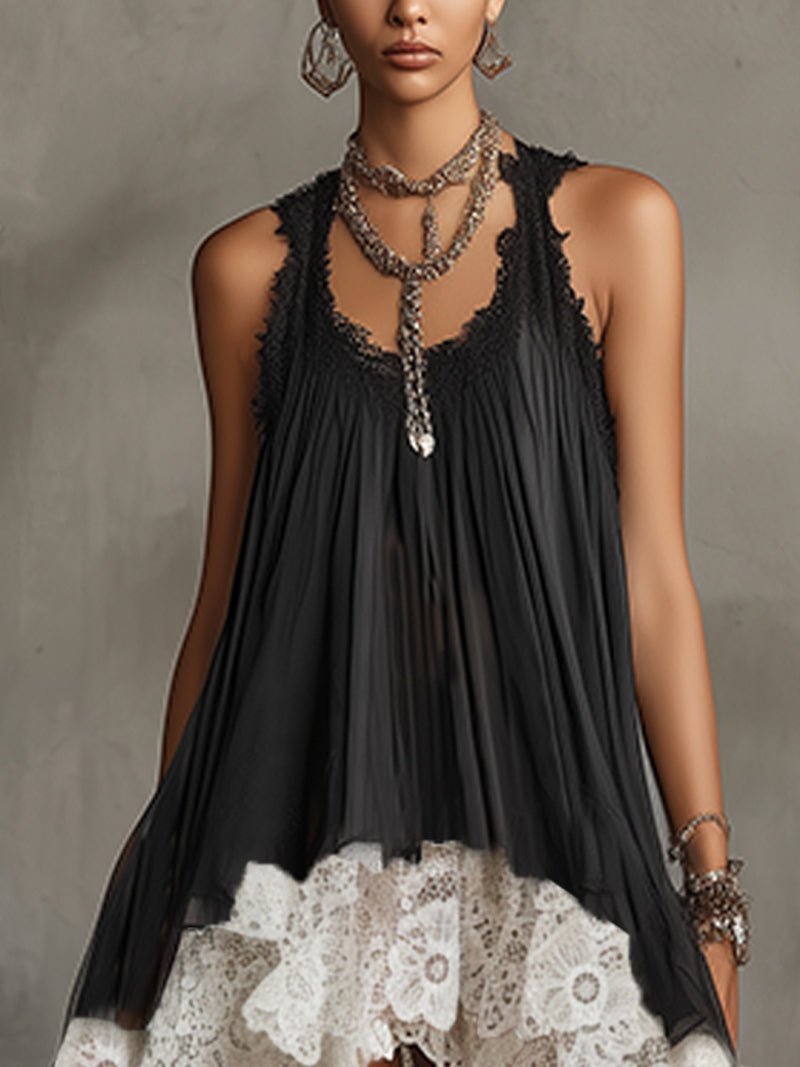 Black Sleeveless Pleated Dress With Layered White Lace Hem