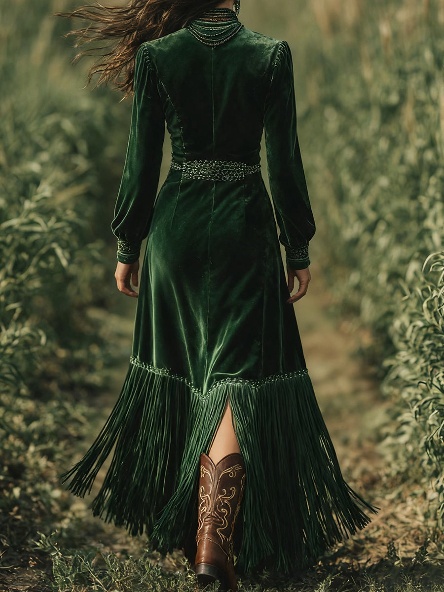 sheenchic Boho V Neck Long Sleeve Fringe Hem Velvet Maxi Dress