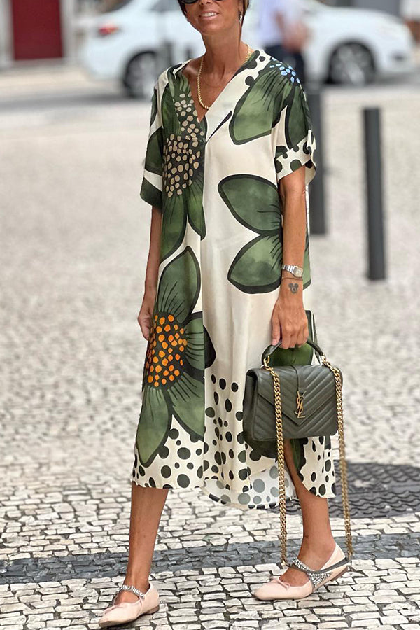 Green flower v-neck short-sleeved loose dress