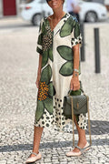 Green flower v-neck short-sleeved loose dress