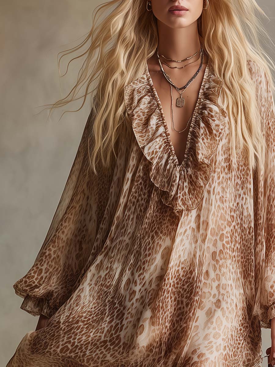 Elegant Vintage Western Ruffled V-neck Leopard Print Beige Chiffon Mini Dress