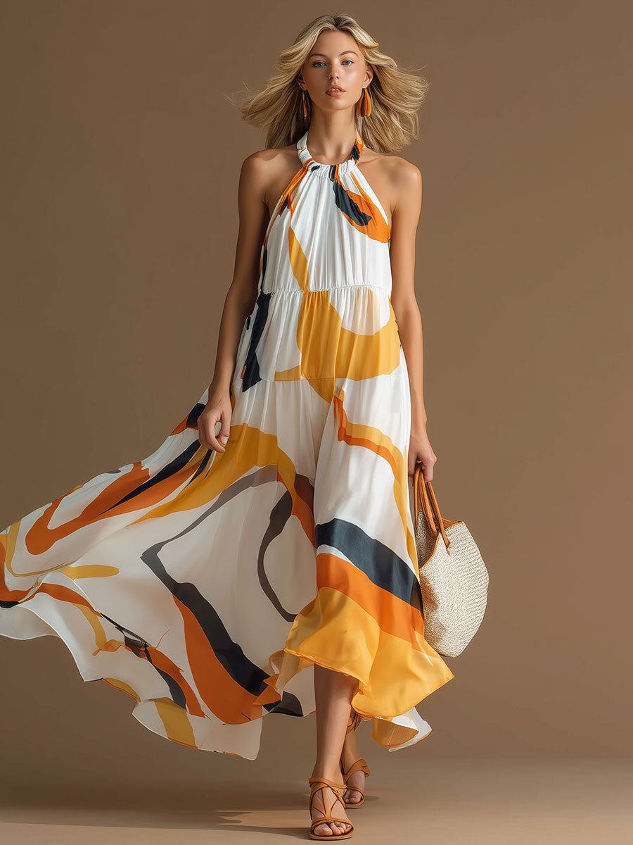 Stylish And Elegant Color-blocked Sleeveless Chiffon Maxi Dress