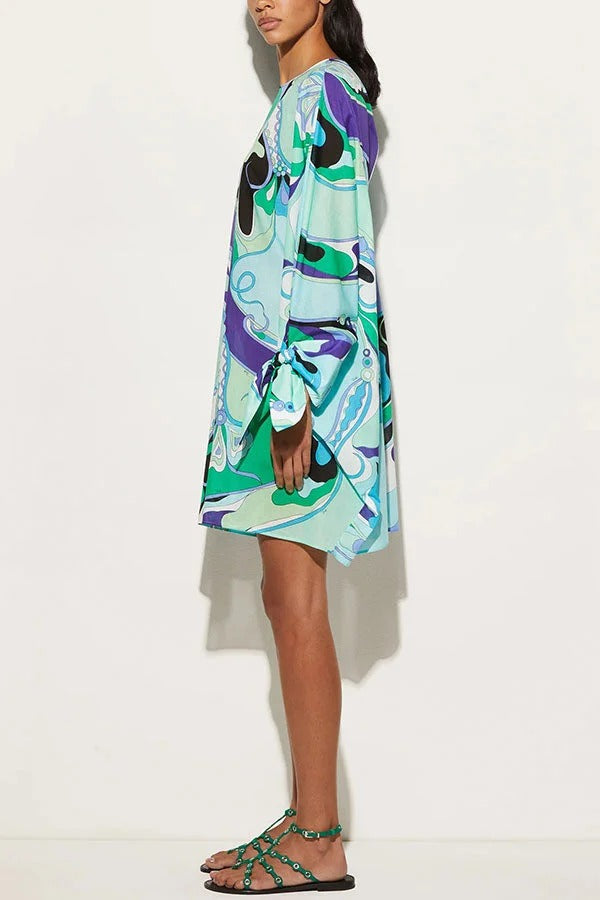 Micah Satin Unique Print Slit Tie-up Sleeve Shift Kaftan Mini Dress