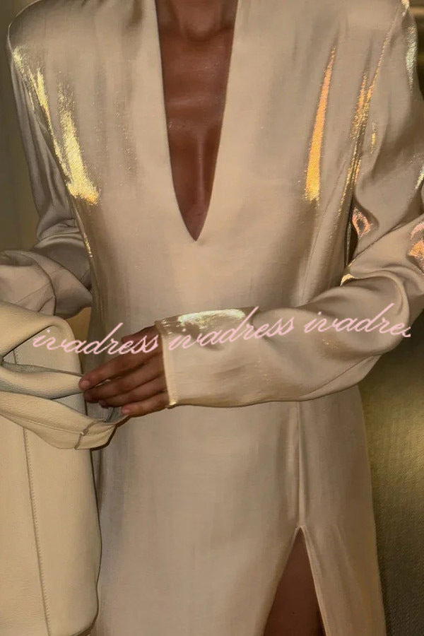 Solid Color Glossy V-neck Long Sleeve Casual Slit Maxi Dress
