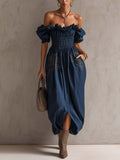 Deep Blue Off Shoulder Cotton Linen Maxi Dress With Embroidered Floral Detail