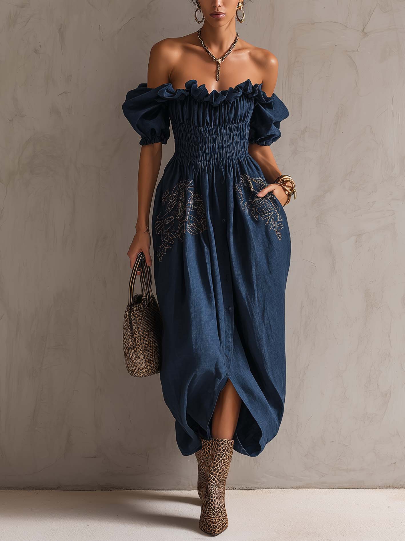 Deep Blue Off Shoulder Cotton Linen Maxi Dress With Embroidered Floral Detail